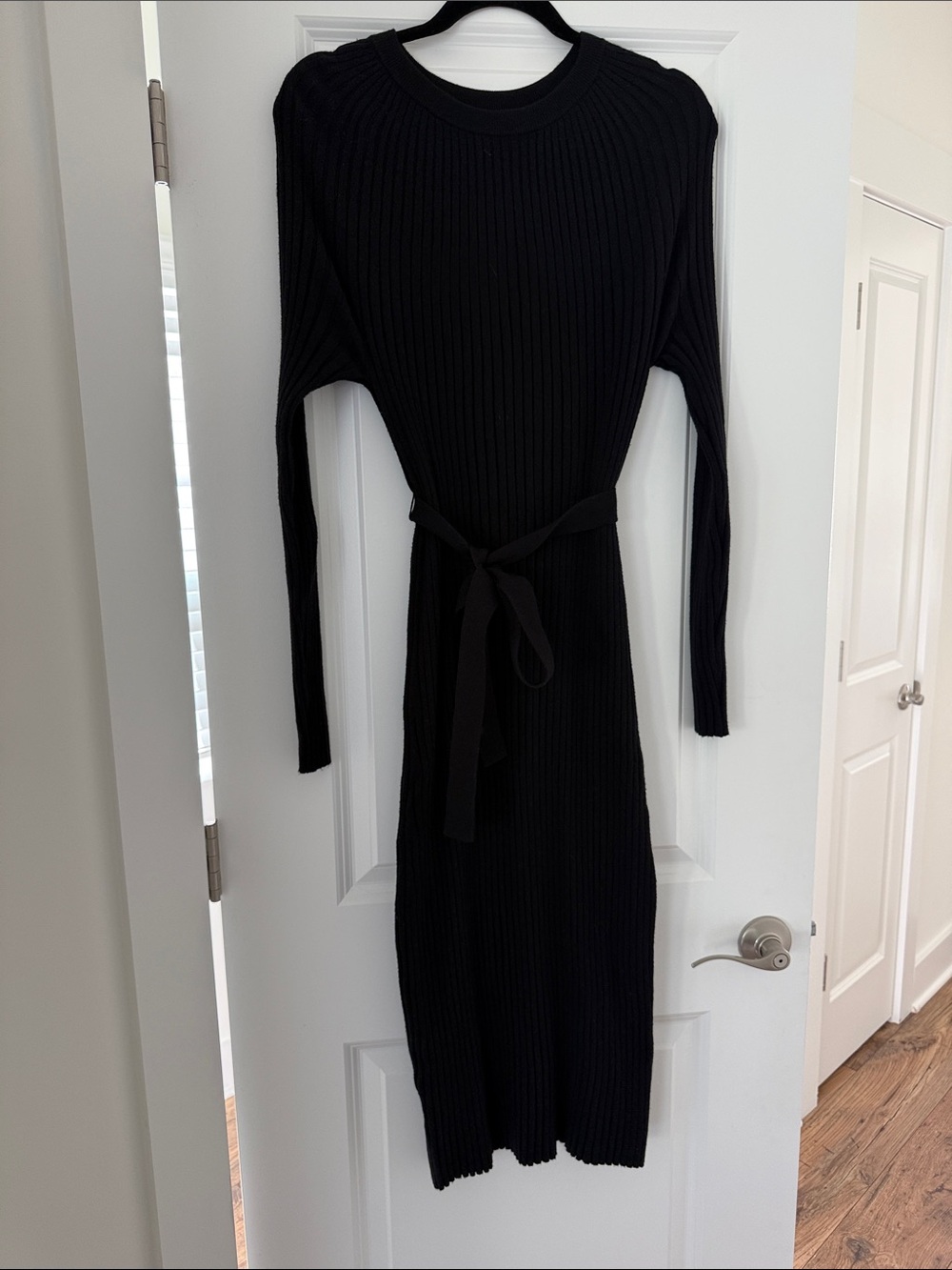 Black Ribbed sweater Belted Long Sleeve Dress